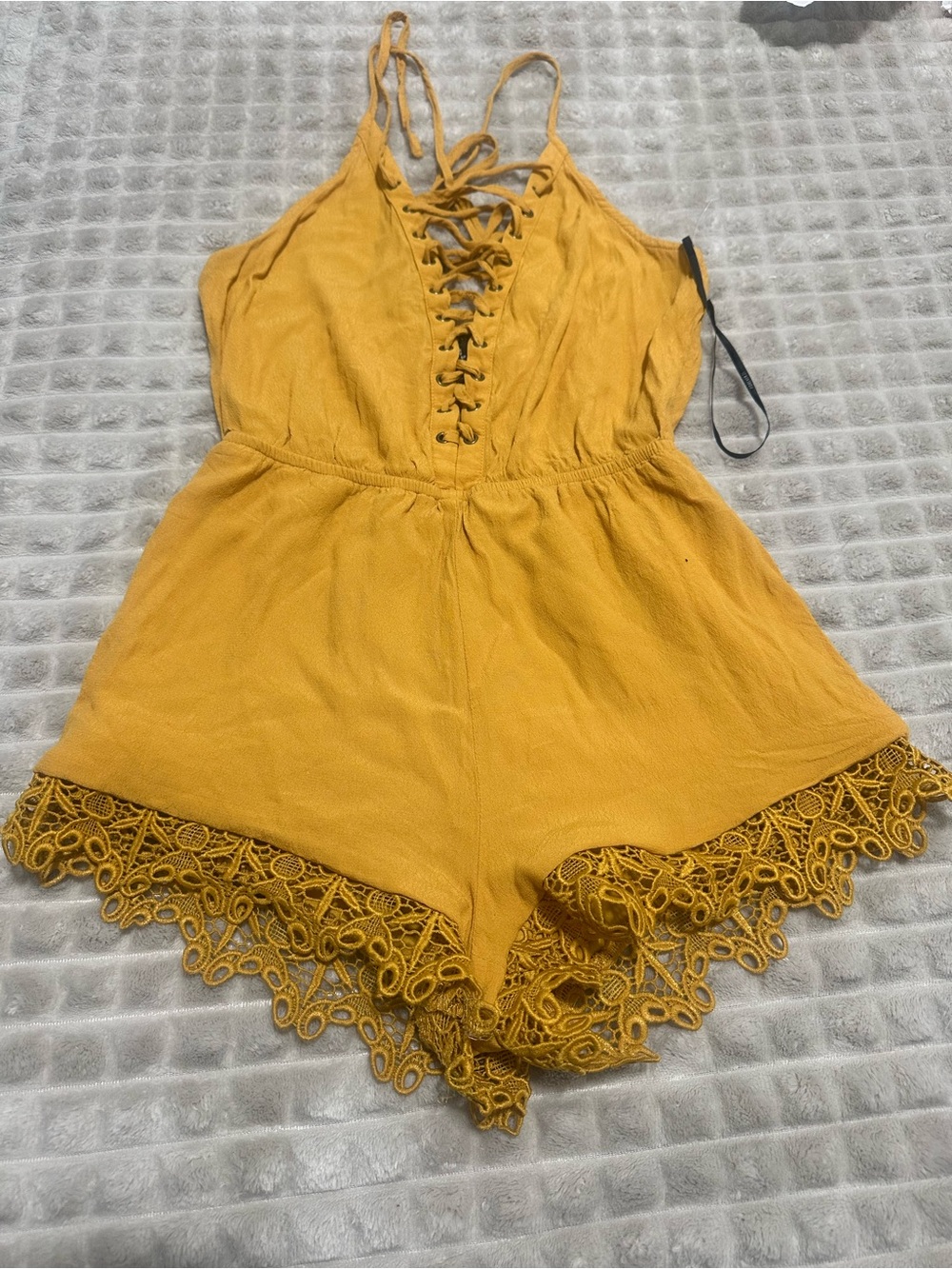 Forever 21 Mustard Yellow Lace-Trim Lace-Up Romper